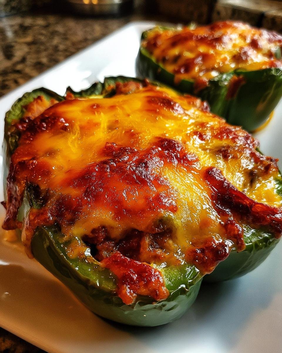 Two baked green bell peppers filled with chili and topped with melted, browned cheddar cheese, ready to eat as Flavorful Chili Stuffed Peppers.