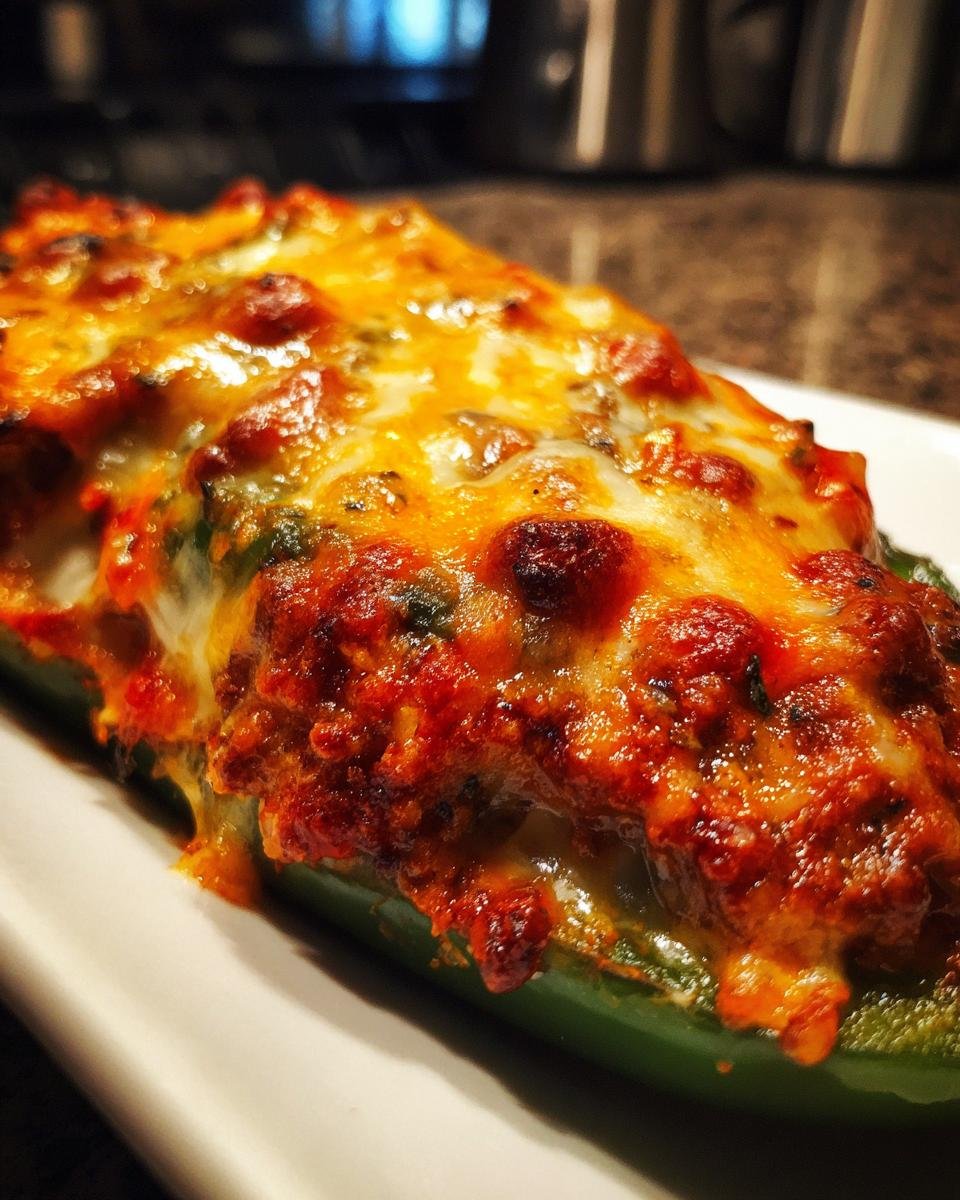 Close-up of a baked green bell pepper generously filled with chili and topped with melted, bubbly cheese.