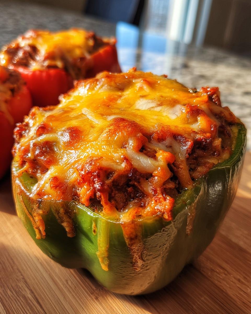 Close-up of a green bell pepper stuffed with chili filling and topped with melted, golden cheese, a Flavorful Chili Stuffed Pepper.