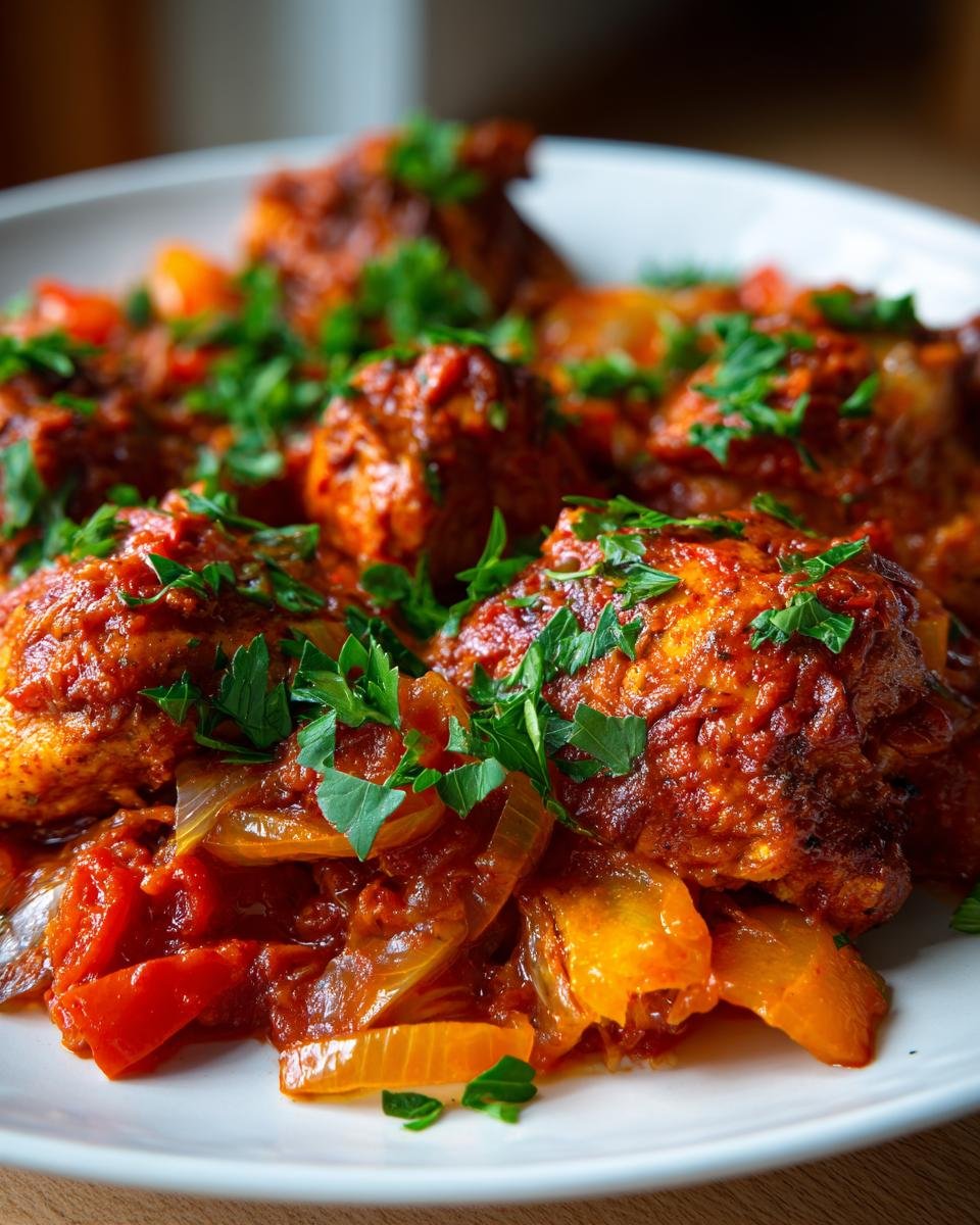 Close-up of rich, red sauce-coated chicken pieces served with saut&eacute;ed onions and garnished heavily with fresh parsley for Flavorful Creole Chicken.