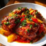 Close-up of Flavorful Creole Chicken coated in a rich, red sauce with chunks of bell pepper and garnished with fresh parsley.
