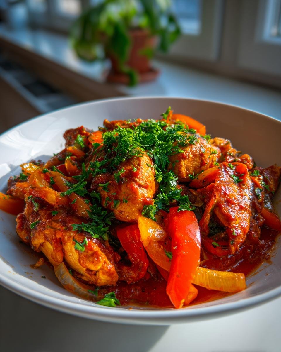 A white bowl filled with Flavorful Creole Chicken A 30 Minute Delight Recipe, featuring chicken pieces, red and yellow peppers in a rich sauce, topped with parsley.