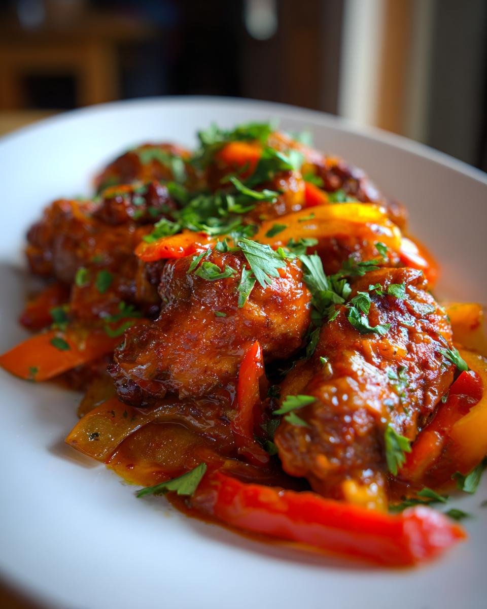 Close-up of Flavorful Creole Chicken pieces coated in a rich, reddish sauce with saut&eacute;ed red and yellow bell peppers, garnished with parsley.