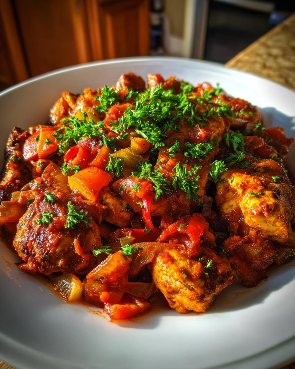 Close-up of Flavorful Creole Chicken served in a white bowl, garnished with fresh parsley.