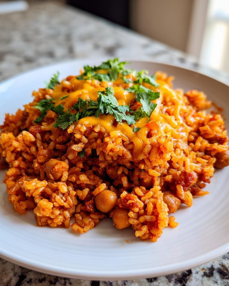 A close-up of a serving of Flavorful Taco Spiced Chickpea and Rice Skillet topped with melted cheese and fresh cilantro.
