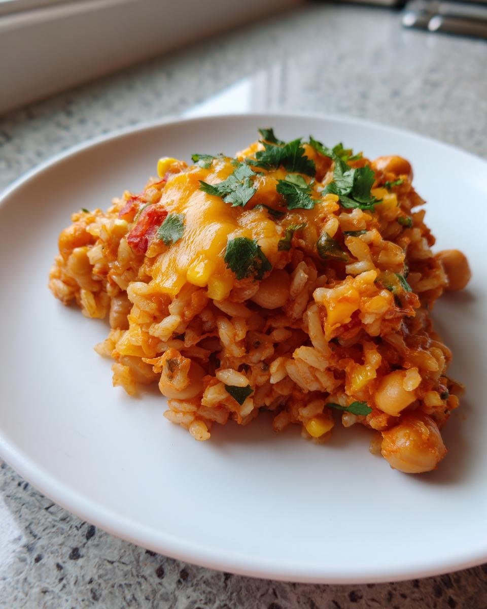 A serving of Flavorful Taco Spiced Chickpea and Rice Skillet topped with melted cheese and fresh cilantro.