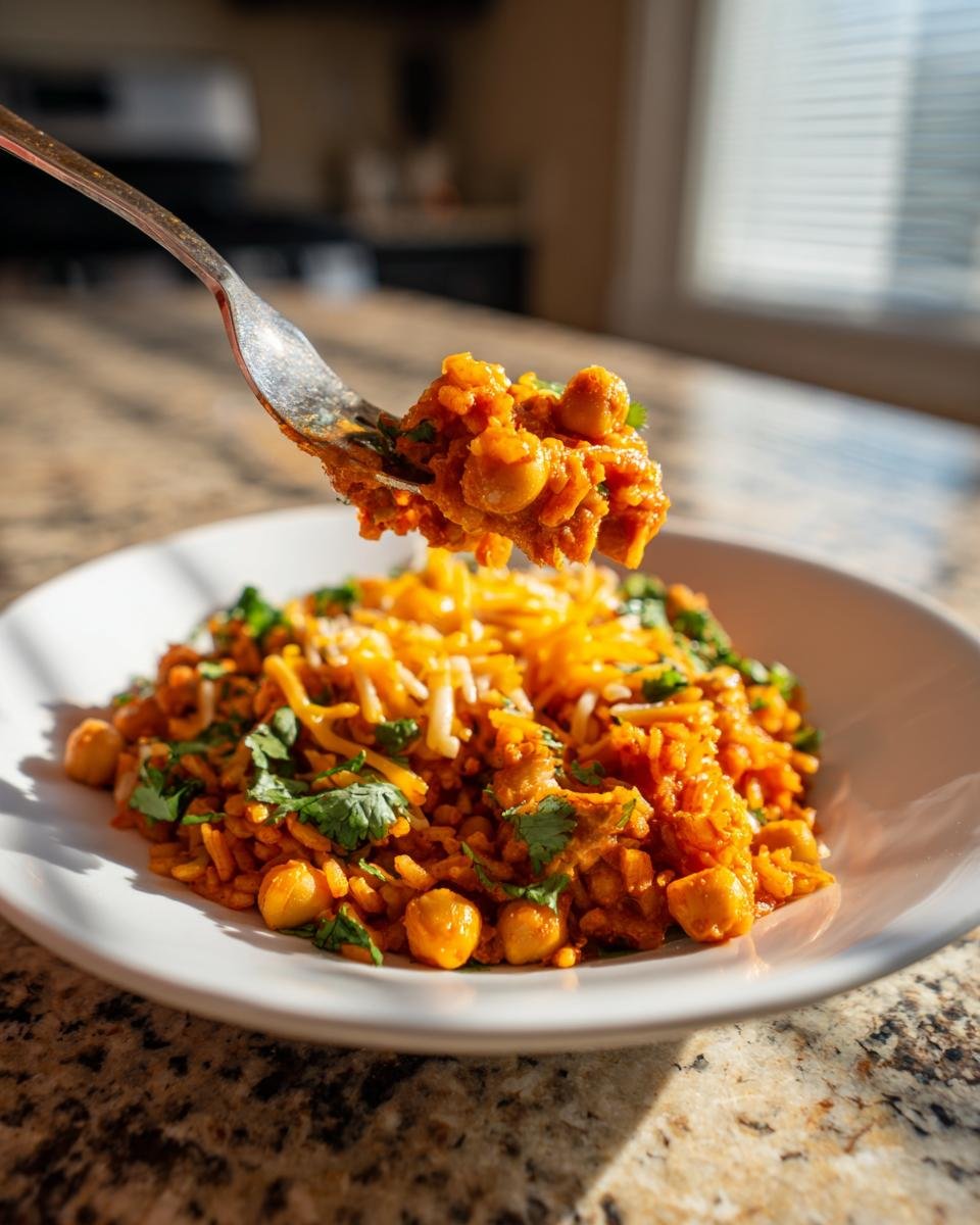 A fork lifts a bite of Flavorful Taco Spiced Chickpea and Rice Skillet topped with shredded cheese and cilantro.