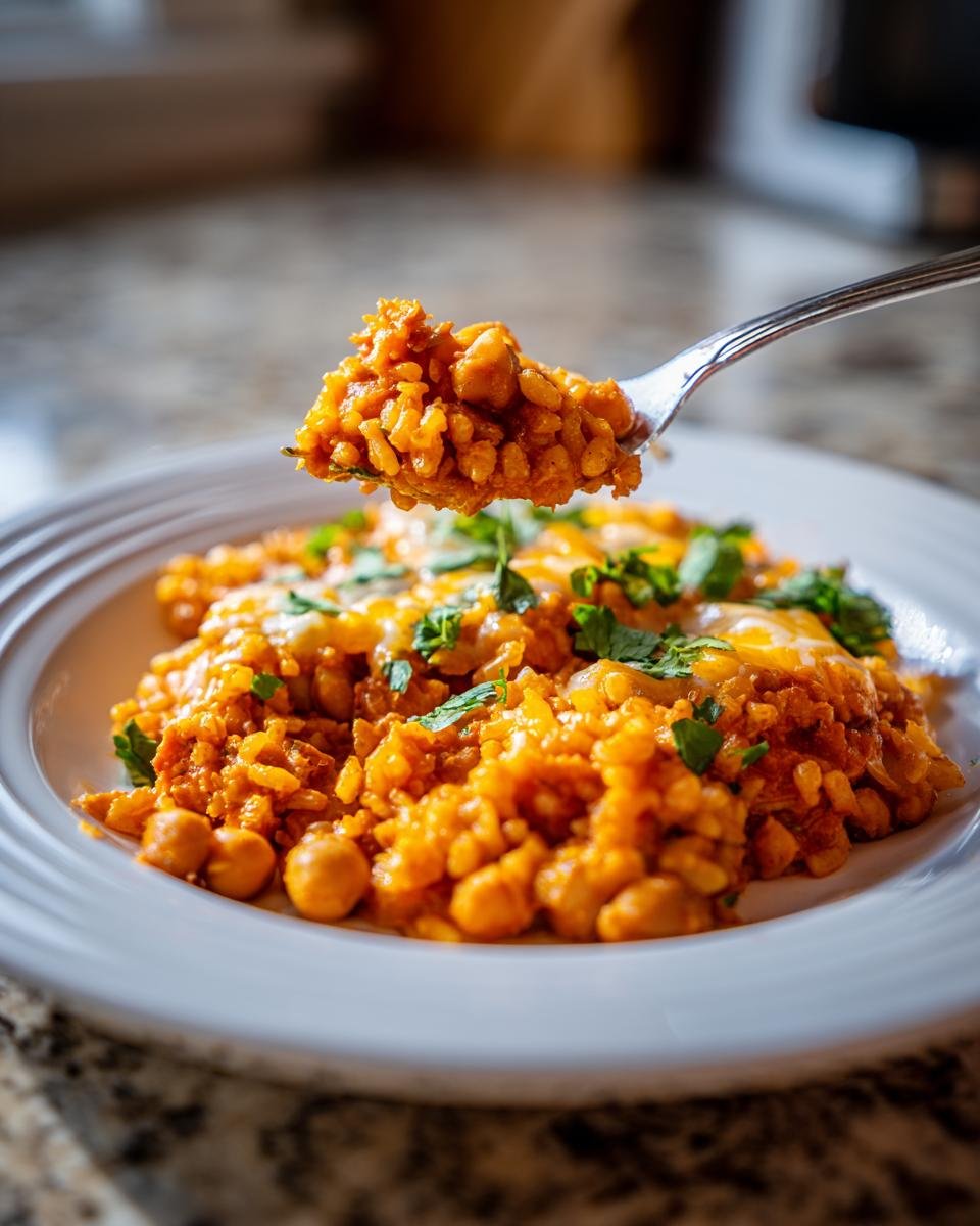 A fork lifts a bite of orange, cheesy Flavorful Taco Spiced Chickpea and Rice Skillet, garnished with cilantro.