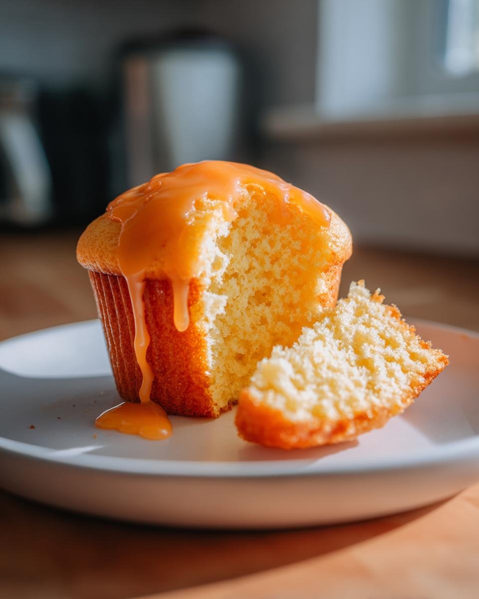A fluffy orange cupcake cut in half, showing the moist crumb and dripping with bright orange citrus glaze.