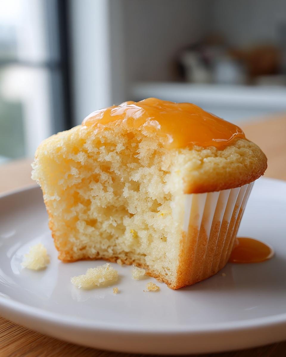 Close-up of an Irresistibly Fluffy Orange Cupcakes cut in half showing the moist crumb and orange glaze topping.
