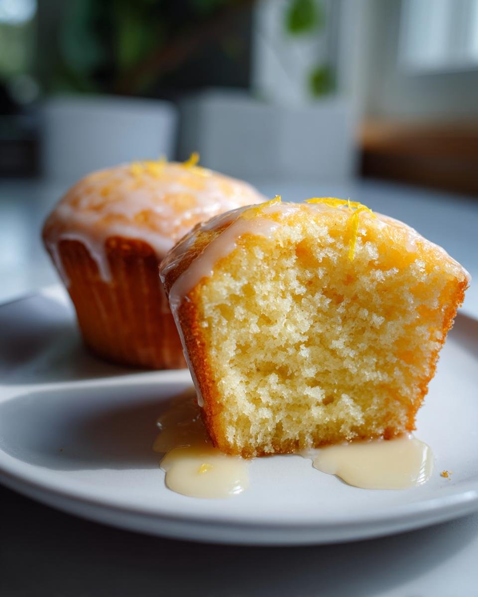 Close-up of a fluffy orange cupcake cut in half showing the moist crumb, drizzled with glaze and orange zest.