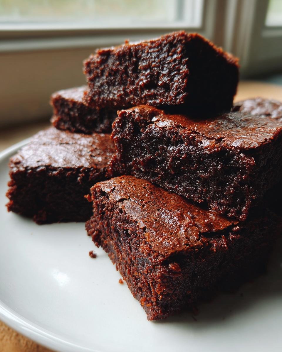 A stack of rich, dark, fudgy chocolate brownies showing their moist interior texture.