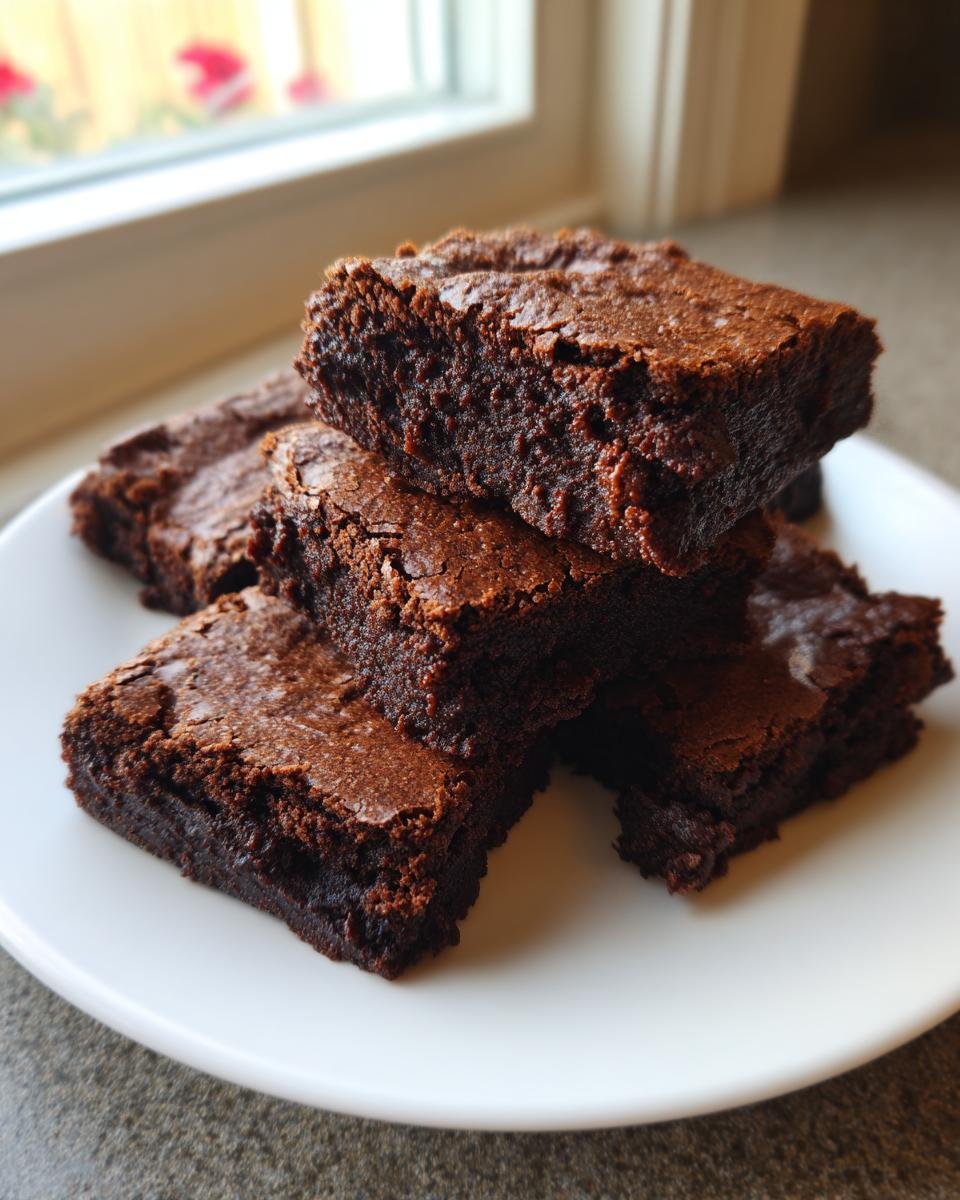 A stack of four rich, fudgy chocolate brownies with shiny tops resting on a white plate.