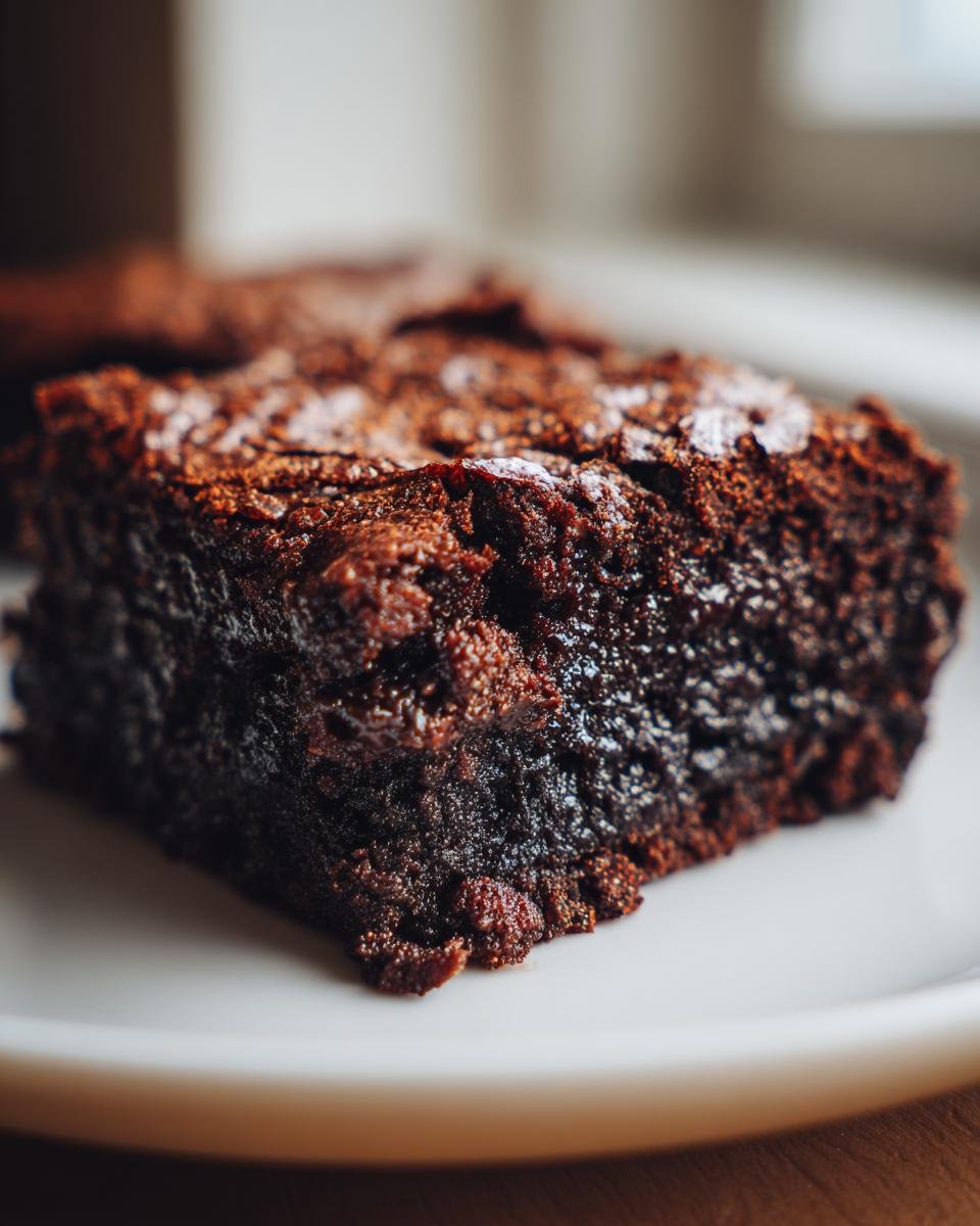 A close-up, macro shot of a rich, dark, fudgy espresso brownie slice on a white plate.