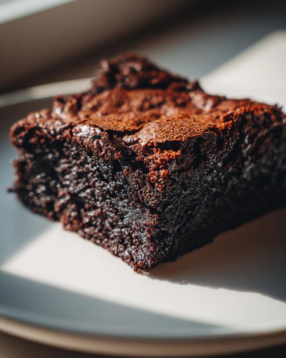 Close-up of a rich, fudgy espresso brownie slice showing its dense texture and slightly cracked top.