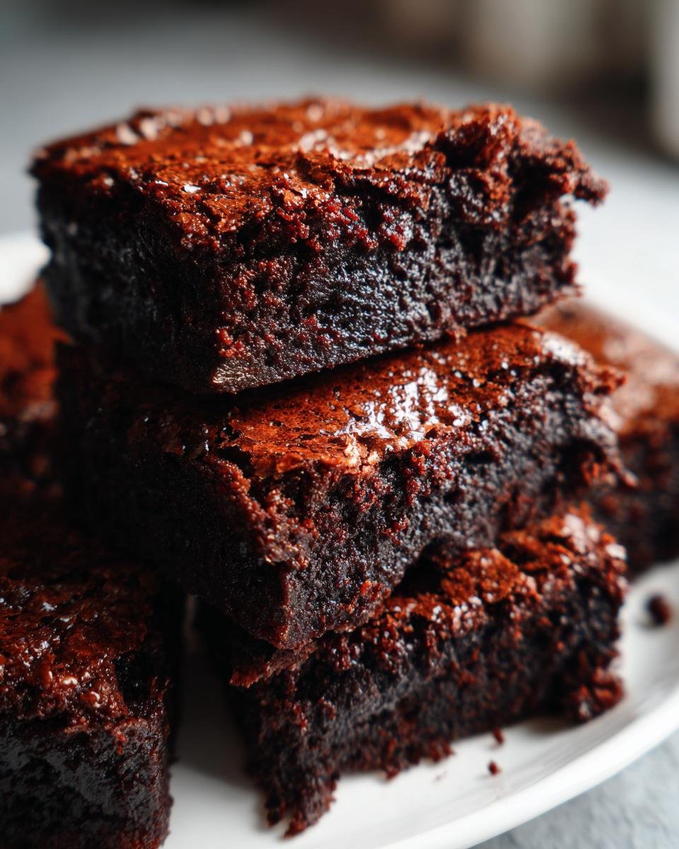 A close-up stack of rich, fudgy espresso brownies showing their dense, moist interior and crackly tops.
