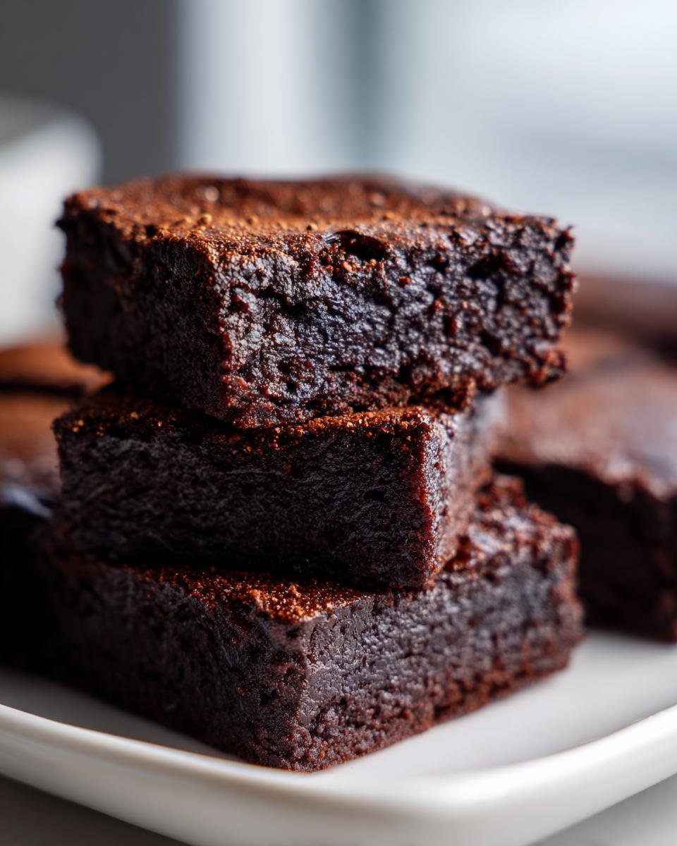 A stack of three incredibly fudgy espresso brownies dusted lightly with cocoa powder.