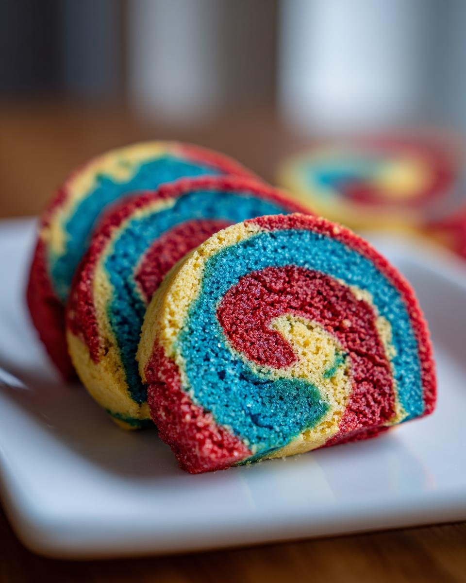 Close-up of three slices of Fun And Easy Pinwheel Cookies showing vibrant red, blue, and yellow swirls.