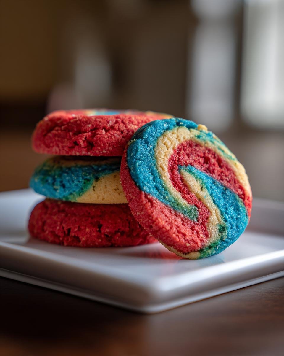 A stack of colorful Fun And Easy Pinwheel Cookies showing red, blue, and yellow swirls on a white plate.