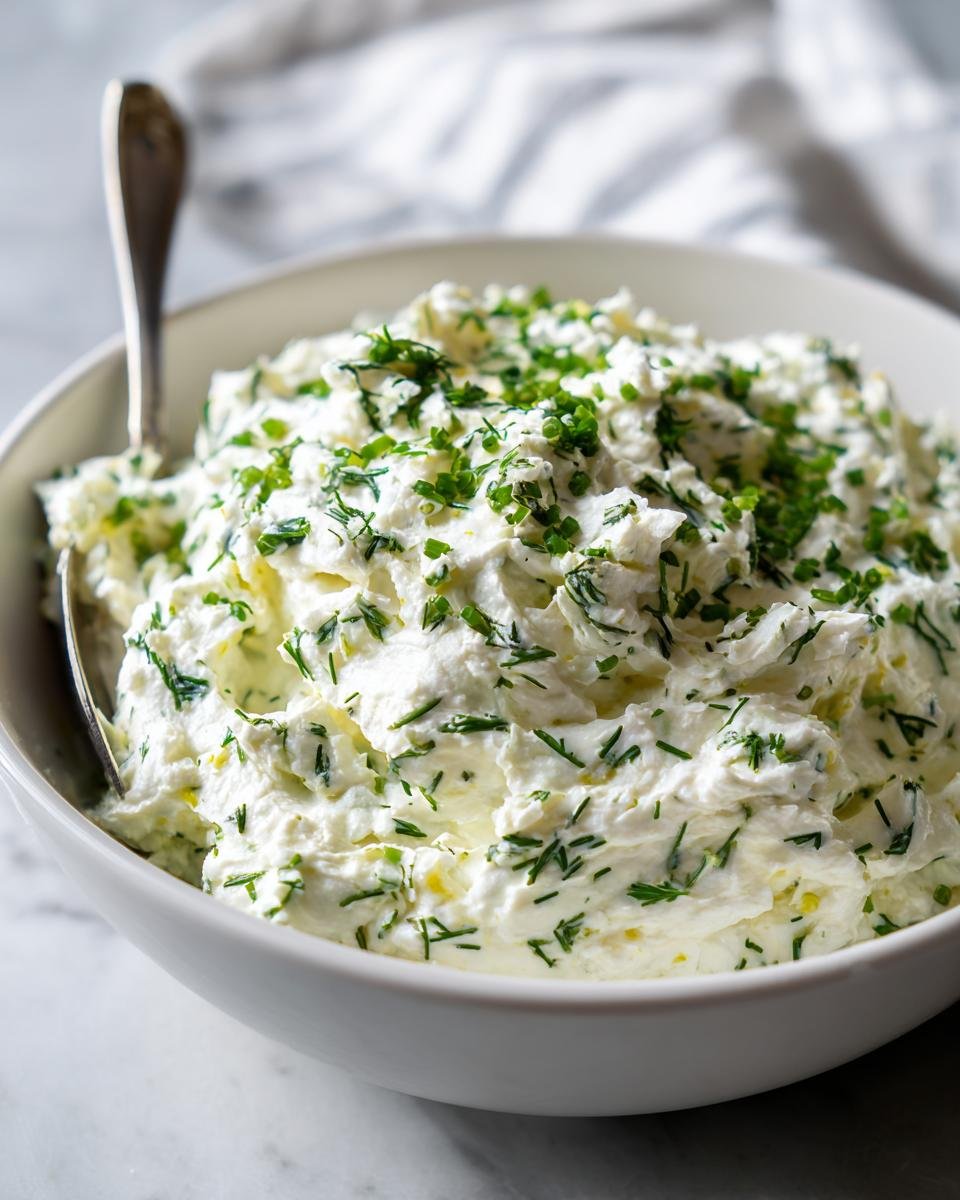 A close-up of a thick, creamy Garlic And Herb Dip Dairy Free topped generously with fresh chopped chives and dill in a white bowl.