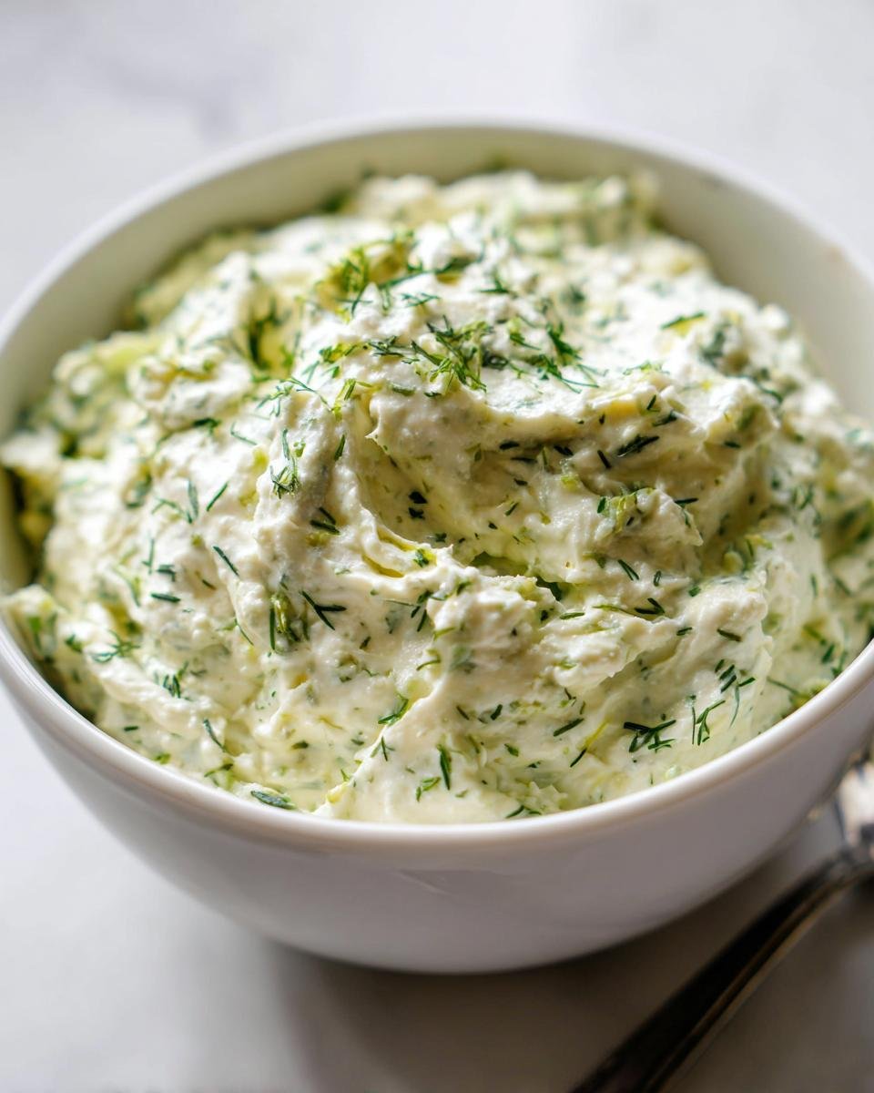 Close-up of a thick, creamy Garlic And Herb Dip Dairy Free topped generously with fresh green dill, served in a white bowl.