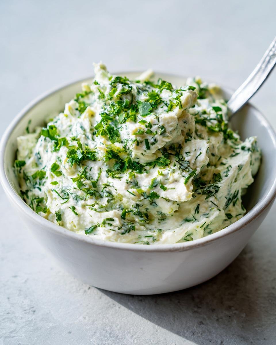 Close-up of a white bowl filled with creamy Garlic And Herb Dip Dairy Free, heavily garnished with fresh chopped green herbs.