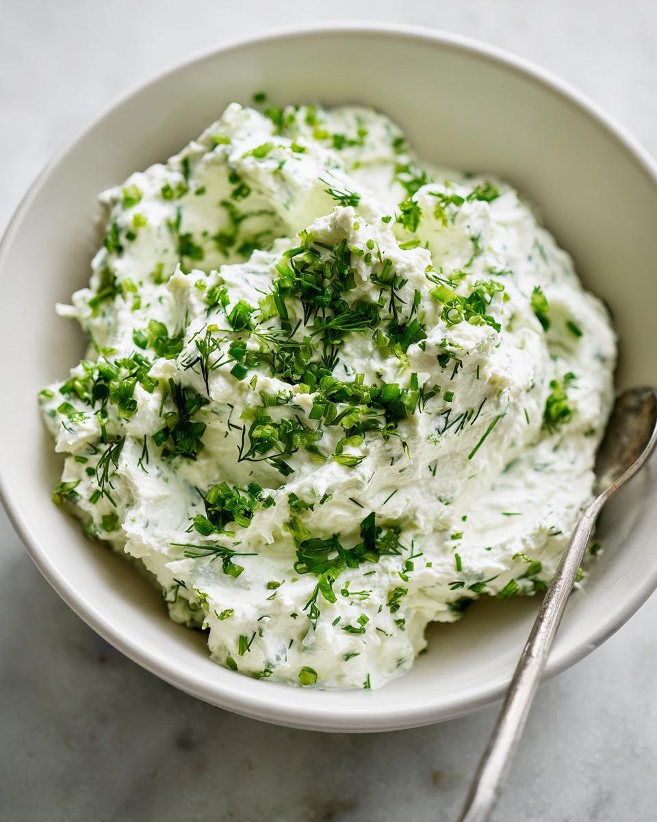 Close-up of creamy Garlic And Herb Dip Dairy Free topped with fresh chopped chives and dill in a white bowl.
