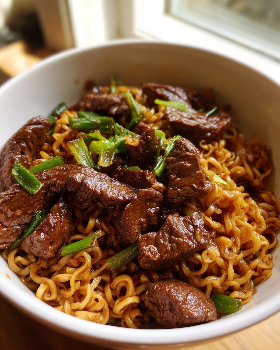 Close-up of Irresistible Garlic Butter Steak Lightning Noodles topped with sliced green onions in a white bowl.