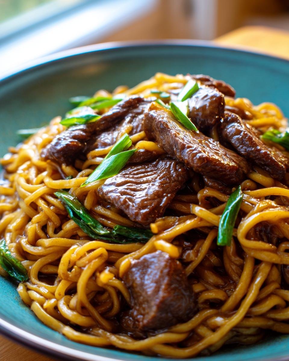 Close-up of Irresistible Garlic Butter Steak Lightning Noodles tossed in a savory sauce and topped with green onions.