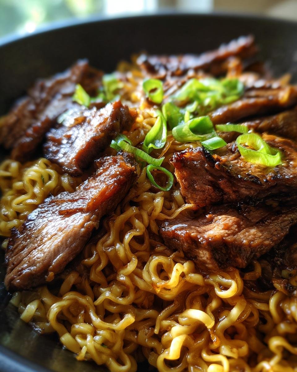 Close-up of Irresistible Garlic Butter Steak Lightning Noodles topped with sliced green onions.