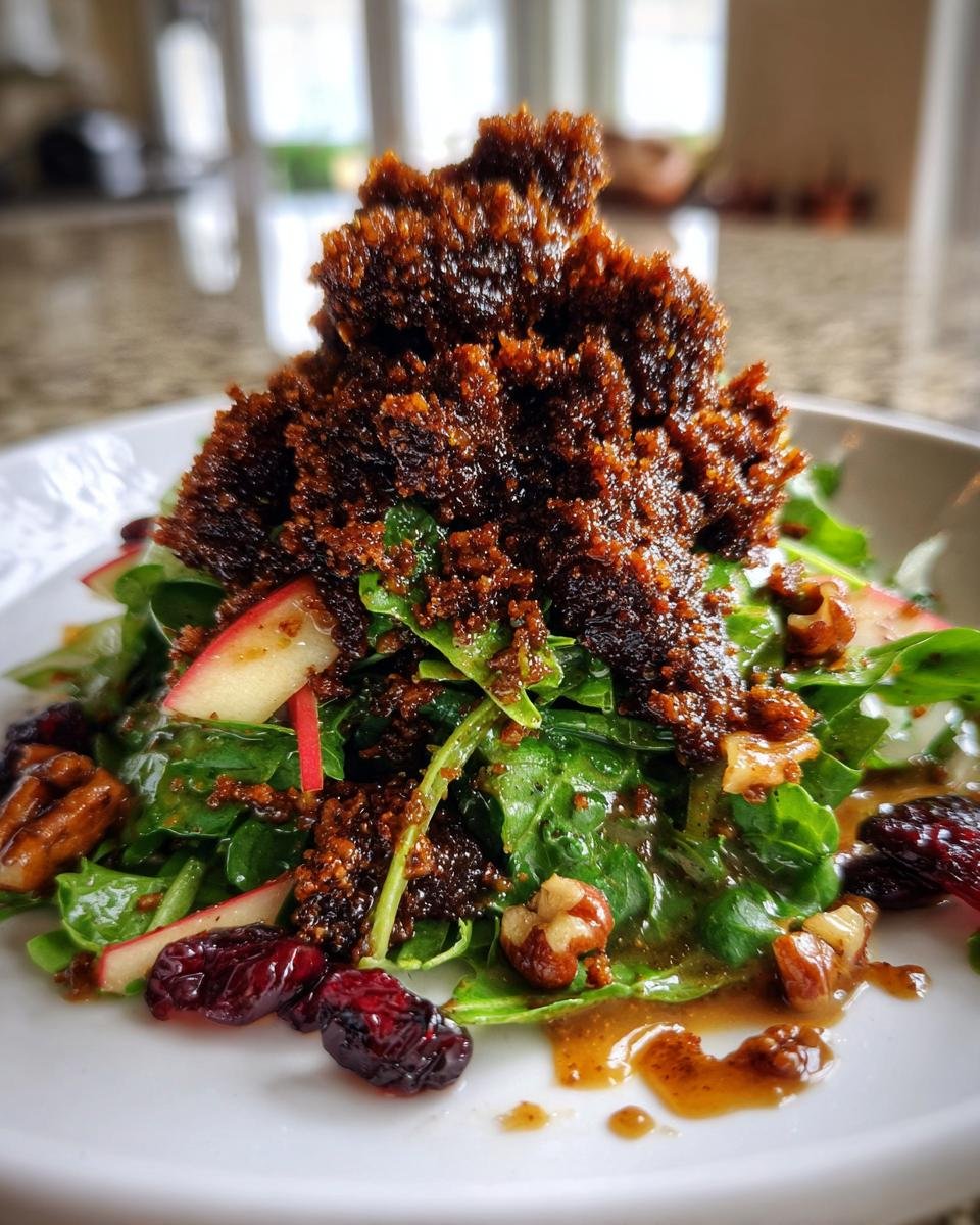A close-up of the Irresistible Gingerbread Cookie Crumble Salad featuring greens, pecans, cranberries, and a large mound of dark crumble.