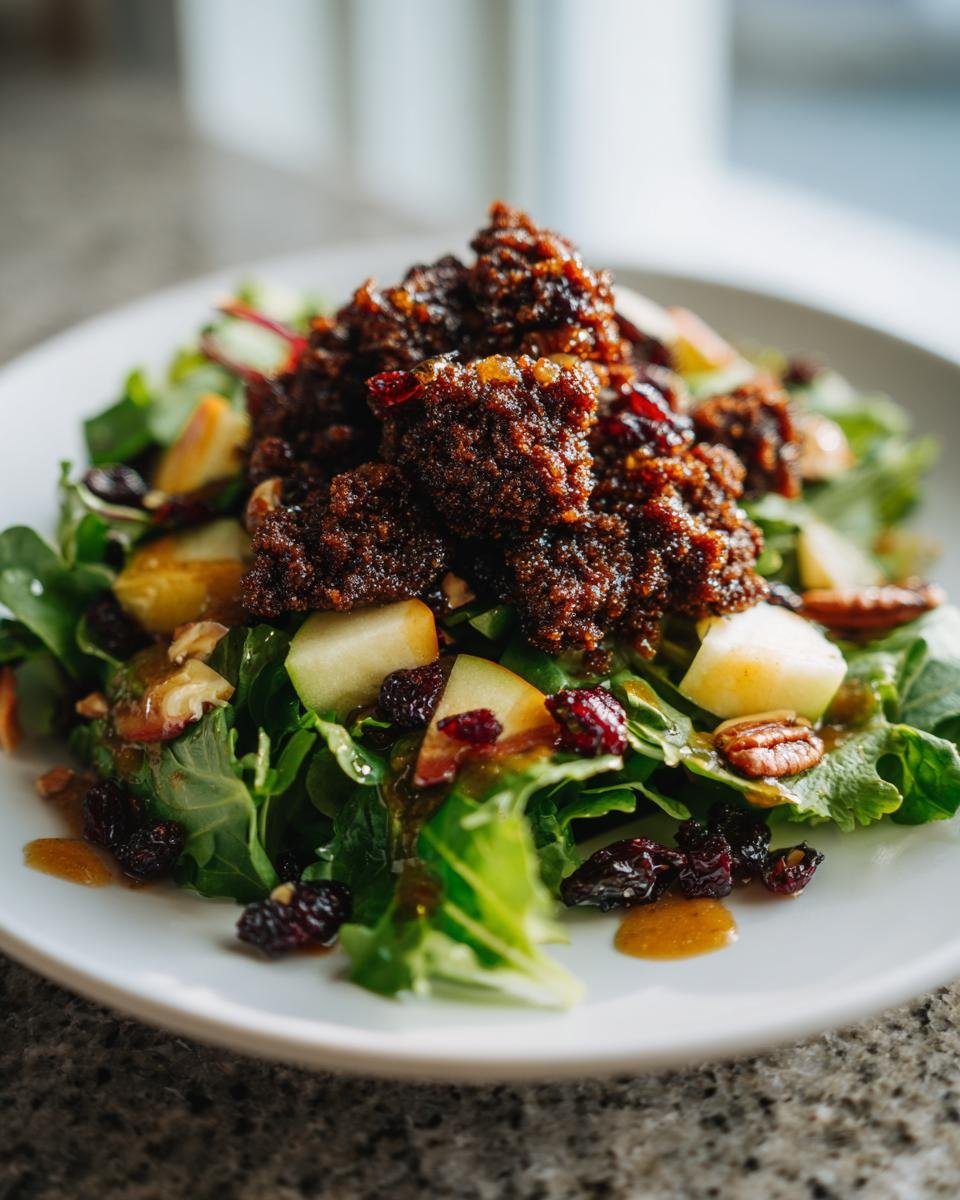 Close-up of a fresh salad topped with chunks of dark, moist Gingerbread Cookie Crumble Salad Recipe ingredients.