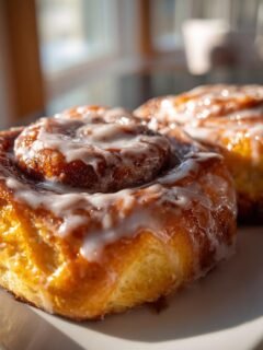 Close-up of two soft, glazed Paleo Cinnamon Rolls sitting on a white plate, bathed in sunlight.