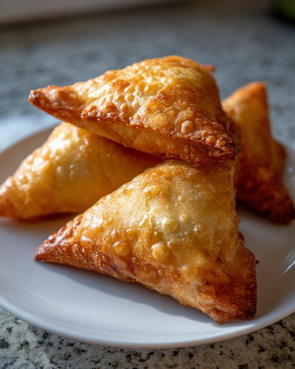 Close-up of golden-brown, crispy fried Irresistible Beef Sambusa Recipe stacked on a white plate.