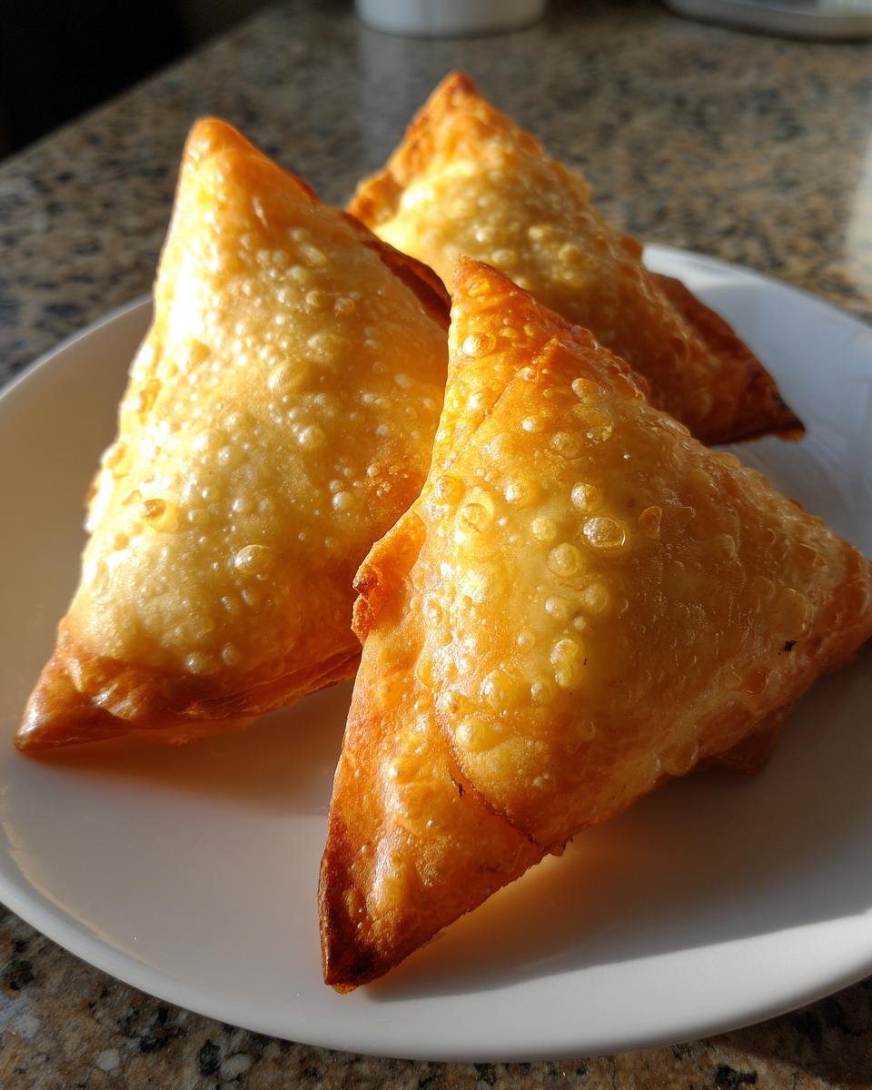 Three golden-brown, crispy fried triangles of Irresistible Beef Sambusa Recipe resting on a white plate.