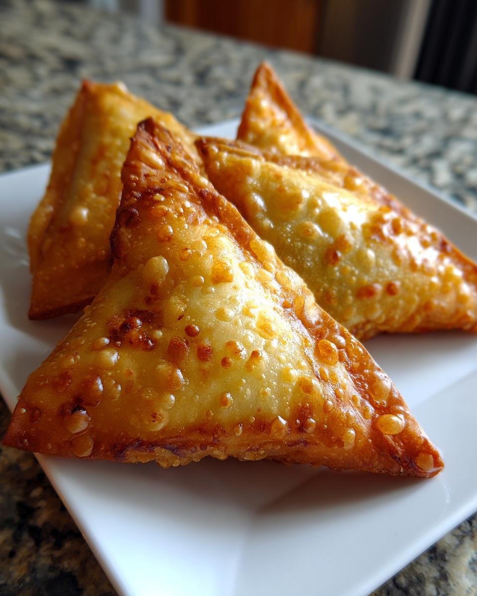 Close-up of four golden-brown, crispy, fried Irresistible Beef Sambusa Recipe pastries on a white plate.