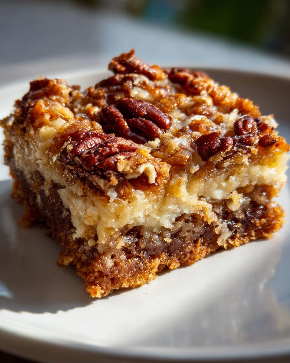 Close-up of a rich, layered slice of Grain Free Magic Cookie Bars topped with pecans.