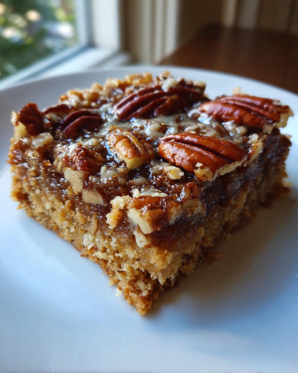A close-up of a single square of moist Grain Free Magic Cookie Bars topped with pecans and a sticky glaze.