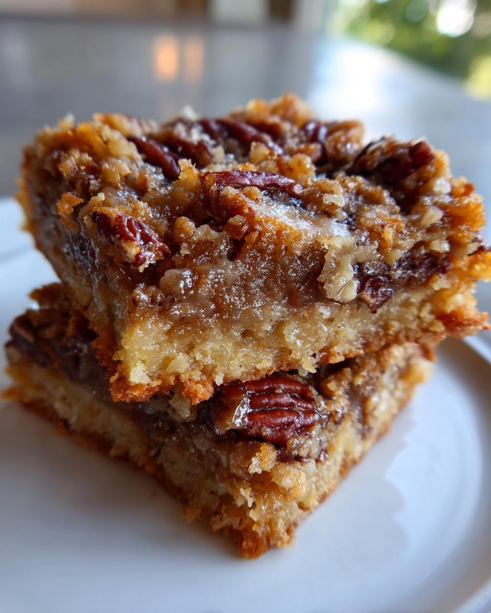 Two stacked squares of gooey Grain Free Magic Cookie Bars topped with pecans on a white plate.