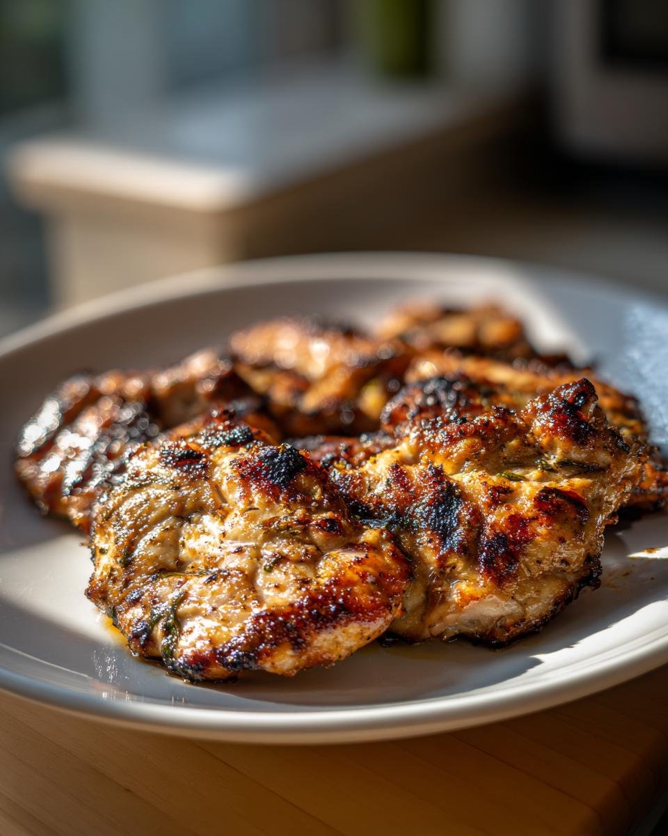 Close-up of perfectly grilled, caramelized Vietnamese Lemongrass Chicken on a white plate.