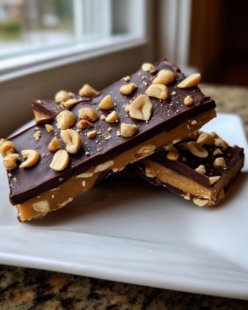 Two bars of Guilt Free Date Snickers Bars stacked on a white plate, topped with chocolate and chopped peanuts.