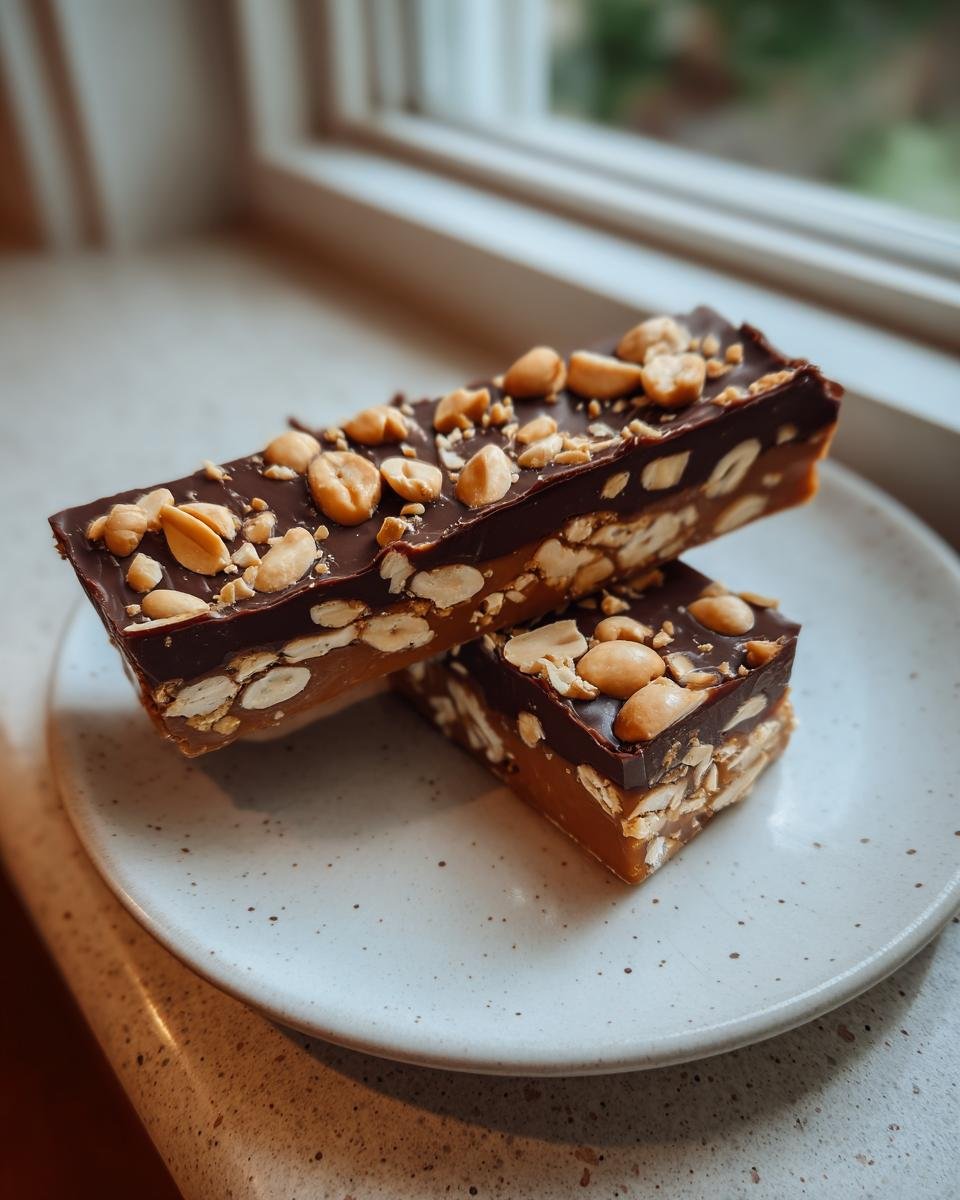 Two stacked bars of Guilt Free Date Snickers Bars, featuring a thick caramel layer, peanuts, and dark chocolate topping.