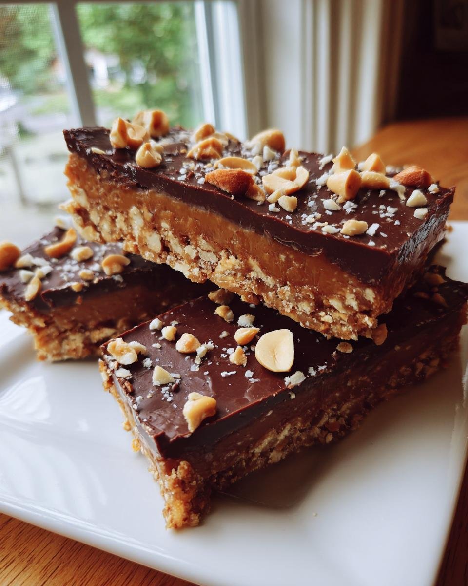 Three stacked Guilt Free Date Snickers Bars topped with chocolate, caramel, and chopped peanuts.