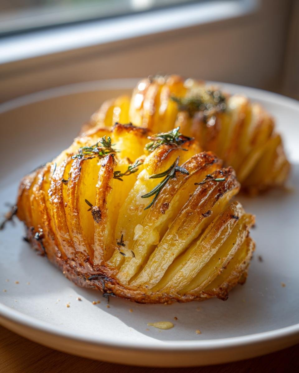 Close-up of two Irresistible Hasselback Potatoes Crispy Buttery Delight, golden brown and topped with fresh rosemary.