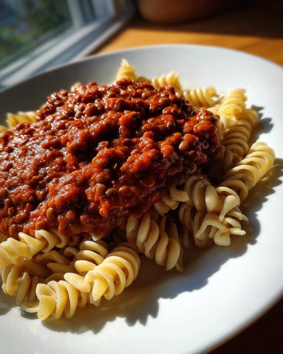 Close-up of Hearty Lentil Bolognese Comfort Food served over rotini pasta on a white plate, illuminated by sunlight.