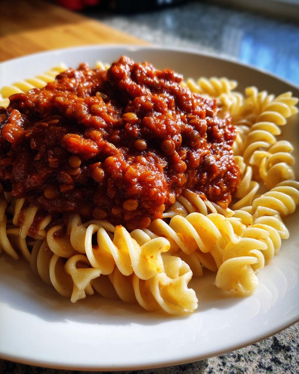 Close-up of Hearty Lentil Bolognese Comfort Food served over a mound of rotini pasta on a white plate.