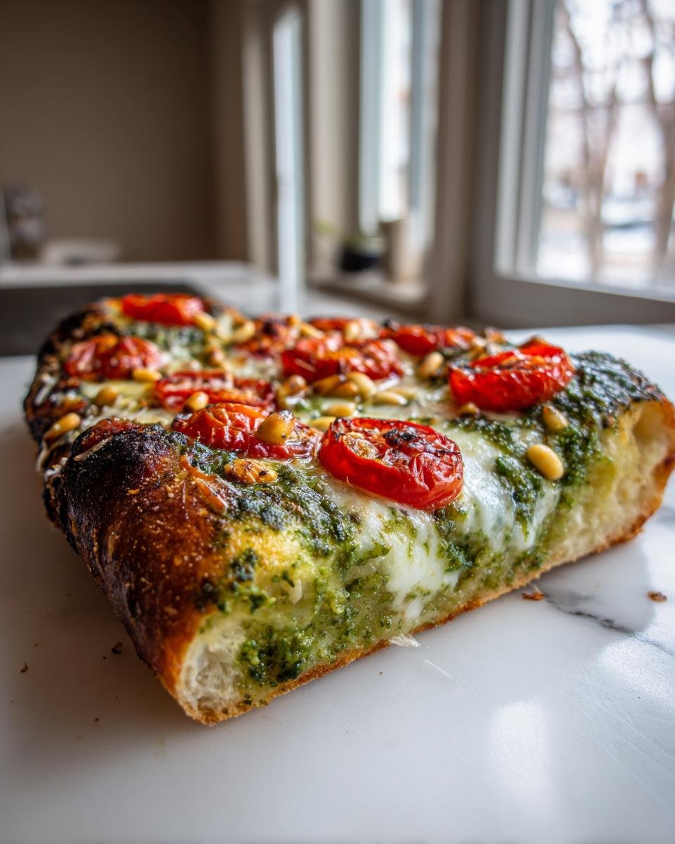 Close-up of a thick slice of Heavenly Pesto Pizza showing green pesto, melted mozzarella, roasted cherry tomatoes, and pine nuts.