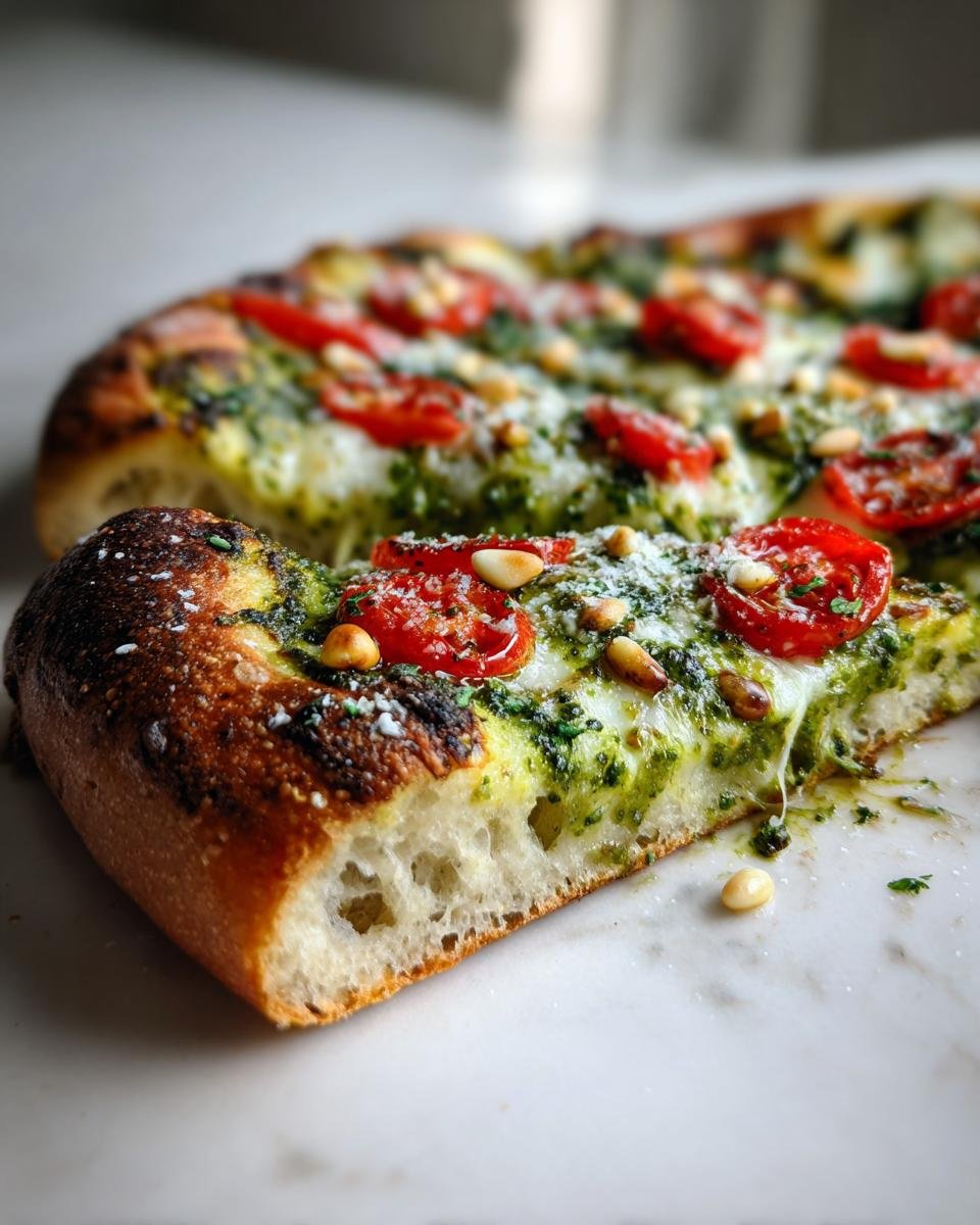 Close-up of a slice of Heavenly Pesto Pizza showing thick, airy crust, melted cheese, bright green pesto, and sliced tomatoes.