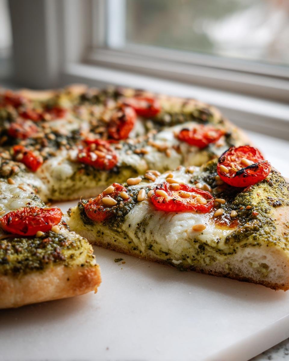 Close-up of a slice of Heavenly Pesto Pizza showing thick crust, melted mozzarella, pesto sauce, roasted tomatoes, and pine nuts.