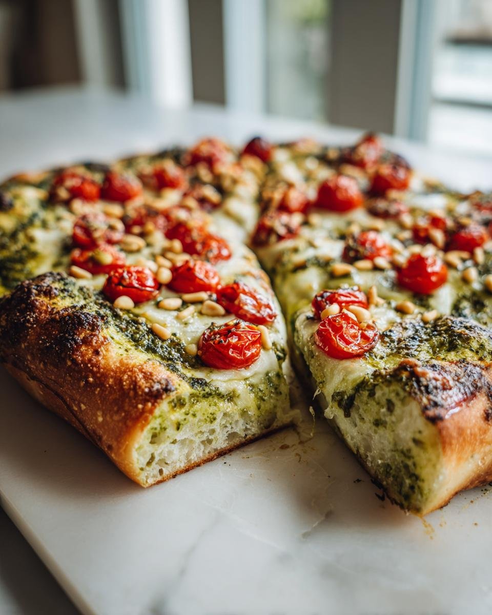 Close-up of a thick-crust Heavenly Pesto Pizza topped with melted cheese, roasted cherry tomatoes, and pine nuts.